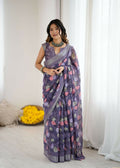 PR Fashion Lavender Linen Patta Printed Saree | Grocsy