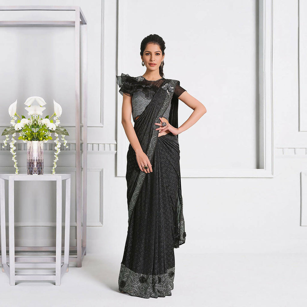 Black Fancy Lycra Handwork Shoulder Butta Saree - Mohmanthan Izzara | Grocsy