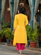 Juniper Women's Yellow Solid Viscose Kurta & Pant Set With Zari Work & Sequins | Grocsy