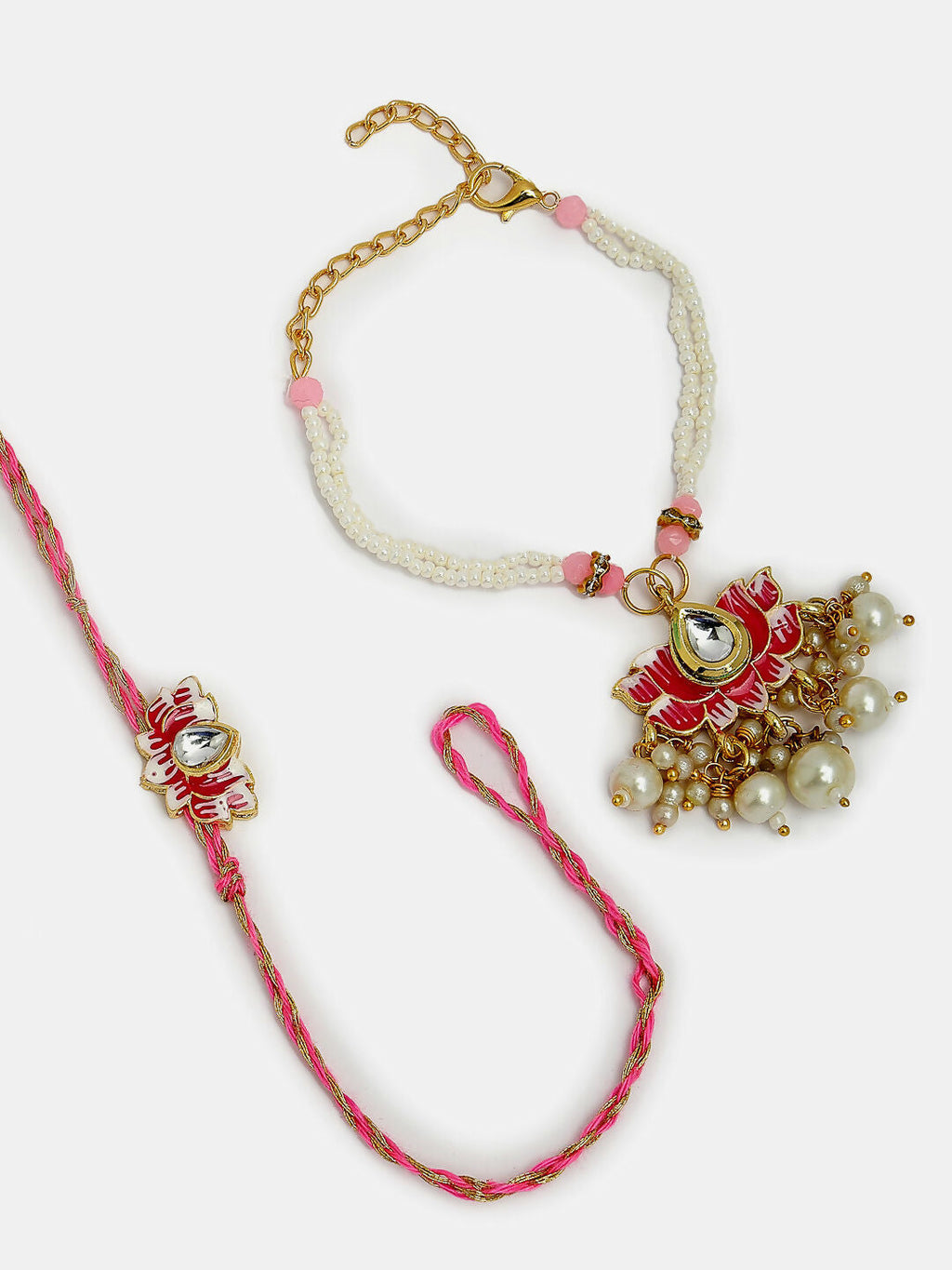 NVR Women & Men Set of 2 Pink Lotus Shape Kundan-Studded & Beaded Handcrafted Wraparound Rakhi Set With Roli Chawal | Grocsy