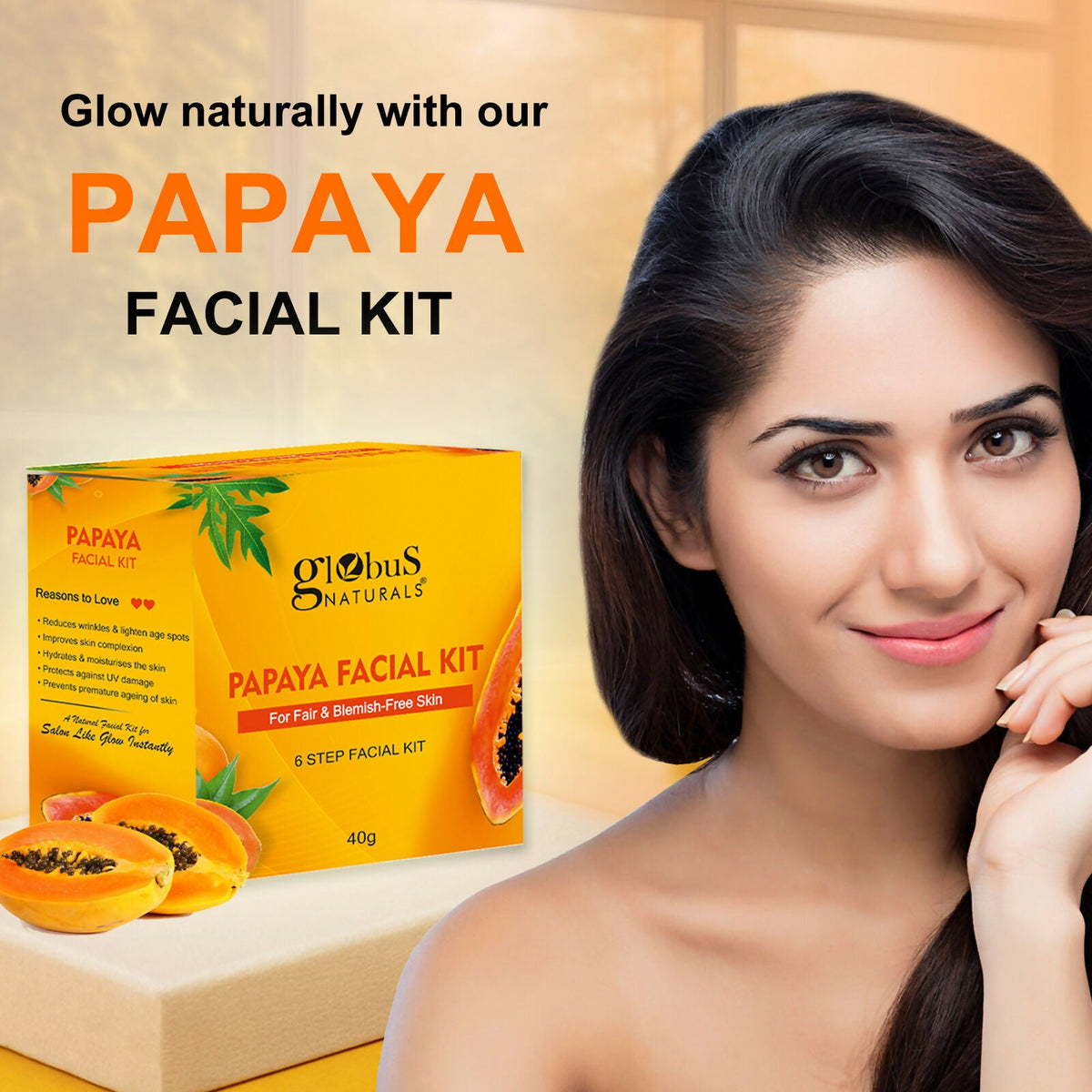 Globus Naturals Papaya Facial Kit For Blemish Free Skin & Anti-Pigmentation, 6 Steps | Grocsy