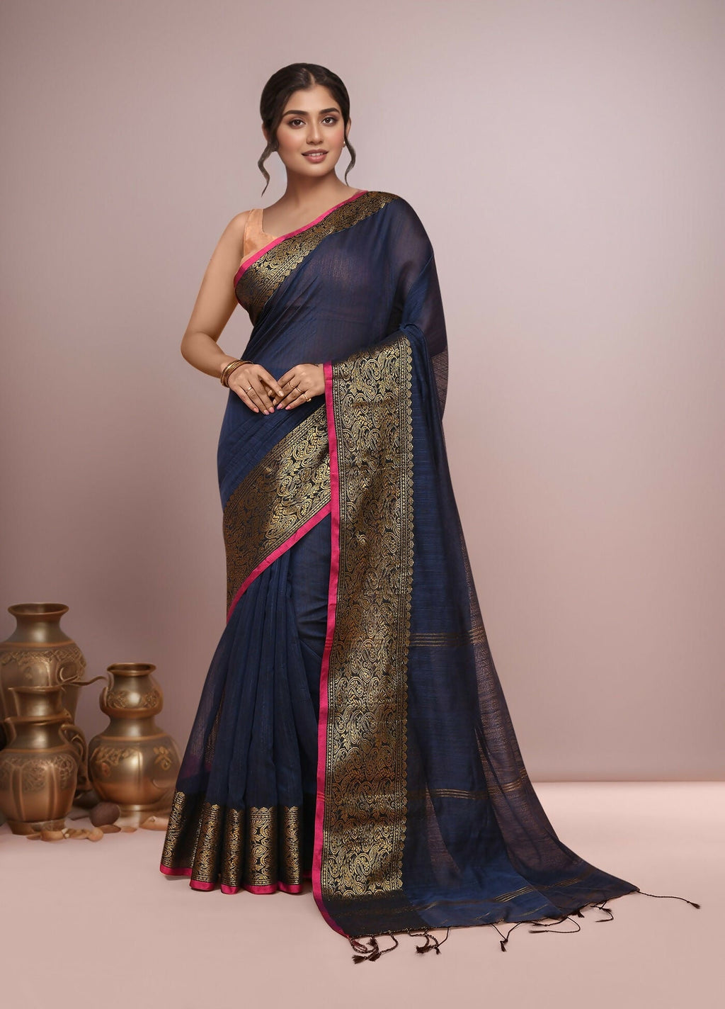 Joban Fashion Navy Blue Cotton Blend Handloom Saree | Grocsy
