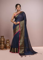 Joban Fashion Navy Blue Cotton Blend Handloom Saree | Grocsy