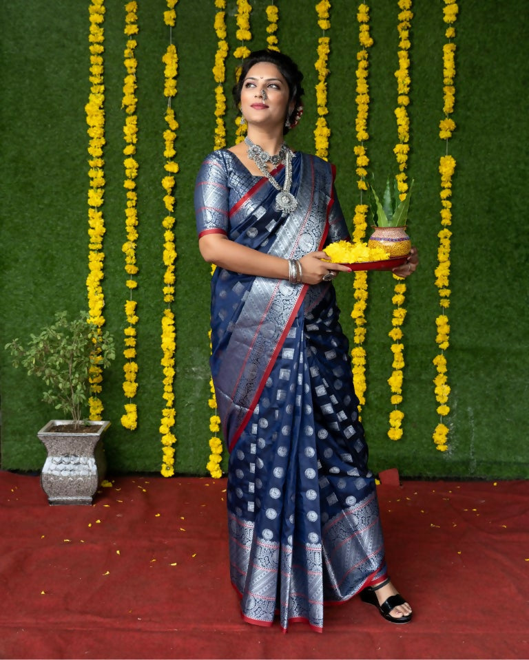Jyoti Fashion Women's Navy Blue Soft Handloom Silk Zari Woven Saree with Blouse | Grocsy
