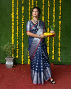 Jyoti Fashion Women's Navy Blue Soft Handloom Silk Zari Woven Saree with Blouse | Grocsy