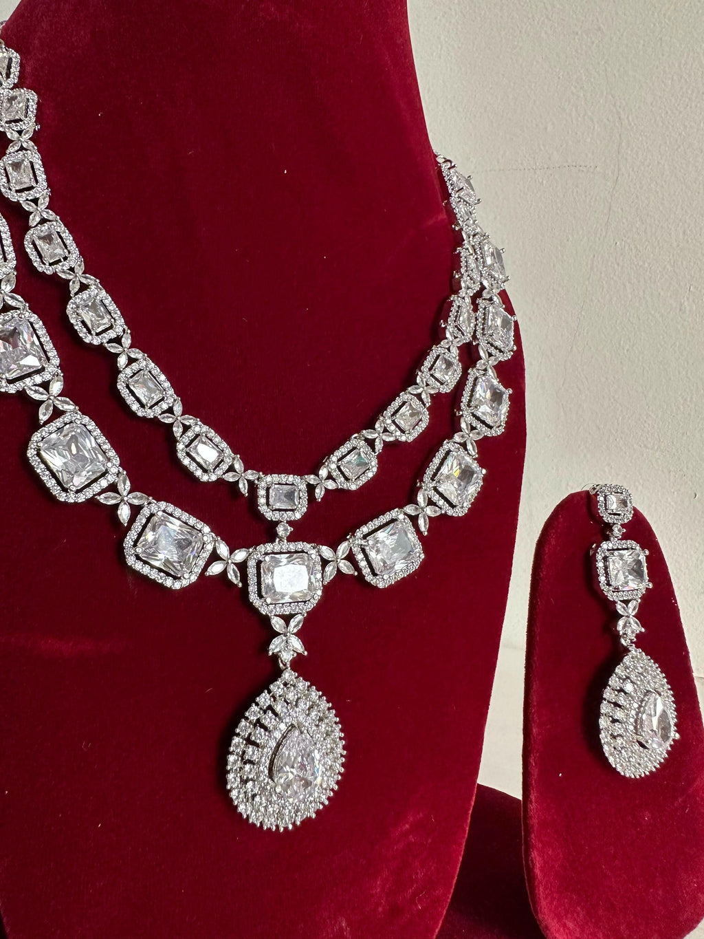 Siver American Diamond Two Layer Elegent Necklace Set With Earrings By House of Ree - Swadesiicart