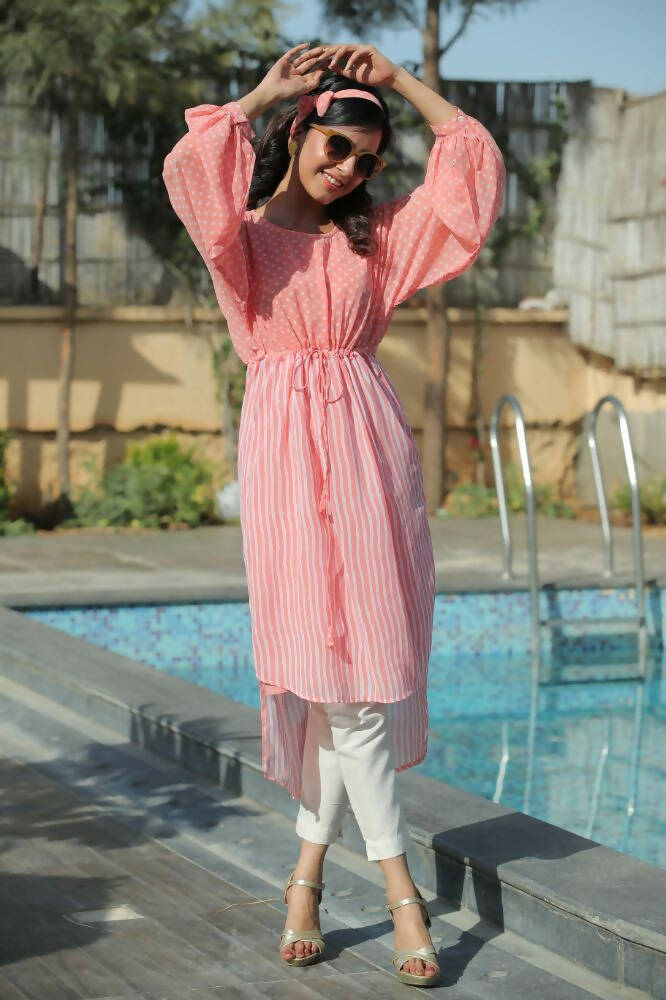 Juniper Women Peach Georgette Bandhani High-Low Tunic | Grocsy