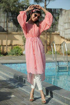 Juniper Women Peach Georgette Bandhani High-Low Tunic | Grocsy