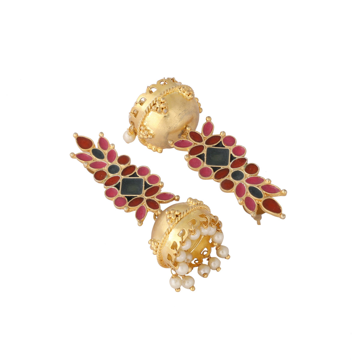 Nuyug 22K Gold-Plated Enamel & Beaded Dome Shaped Jhumka Earrings | Grocsy