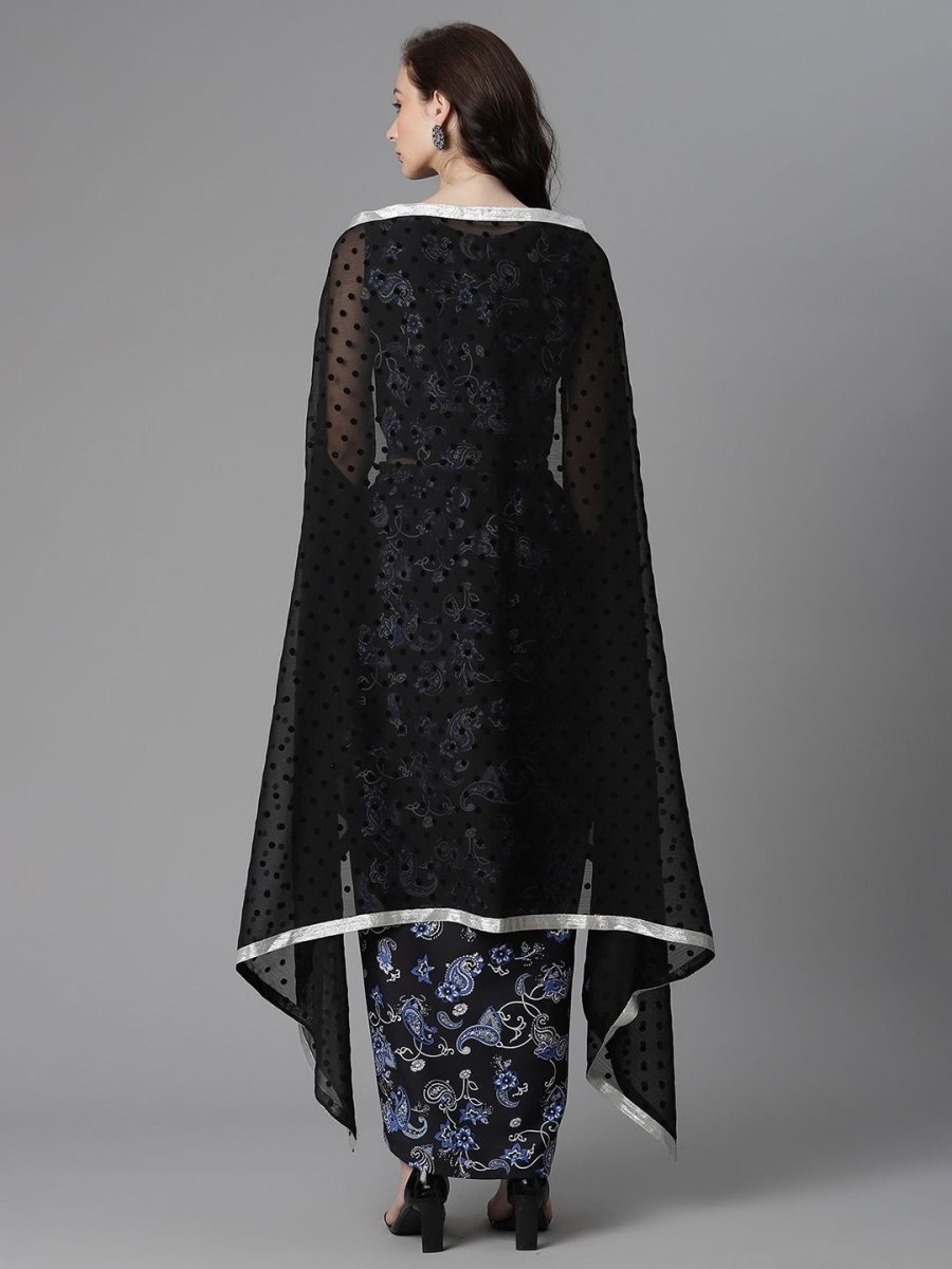 Ahalyaa Women's Black Crepe Digital Print Top Skirt With Shrug | Grocsy