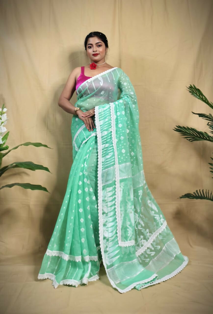 Exclusive Collection Beautiful Turquoise Jaal Jamdani Saree | Grocsy