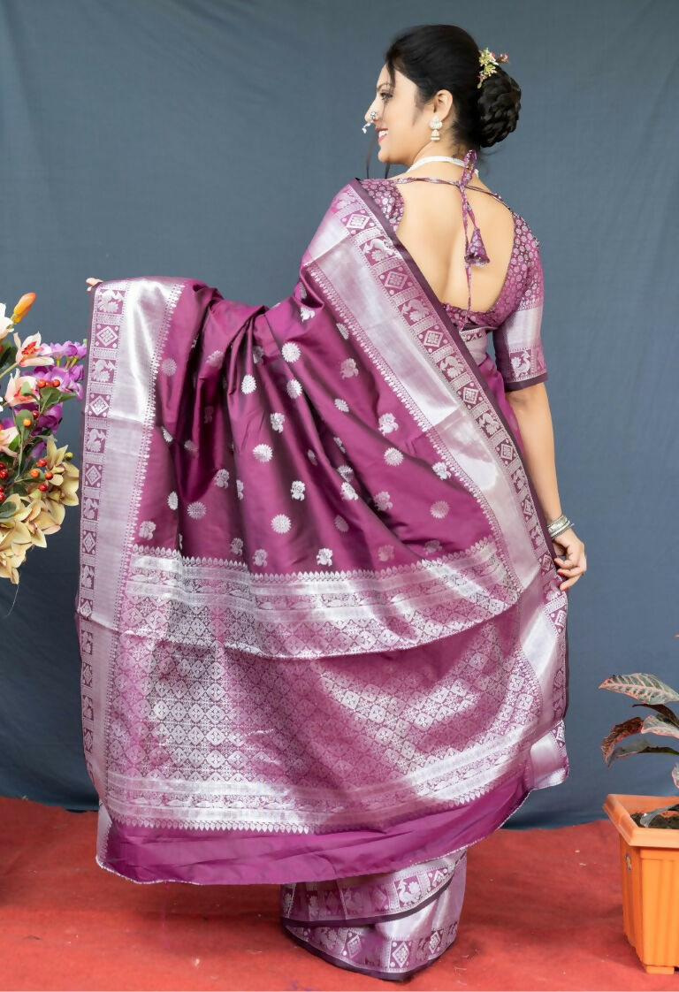 Jyoti Fashion Women's Wine Soft Banarasi Silk Zari Woven Saree with Blouse | Grocsy