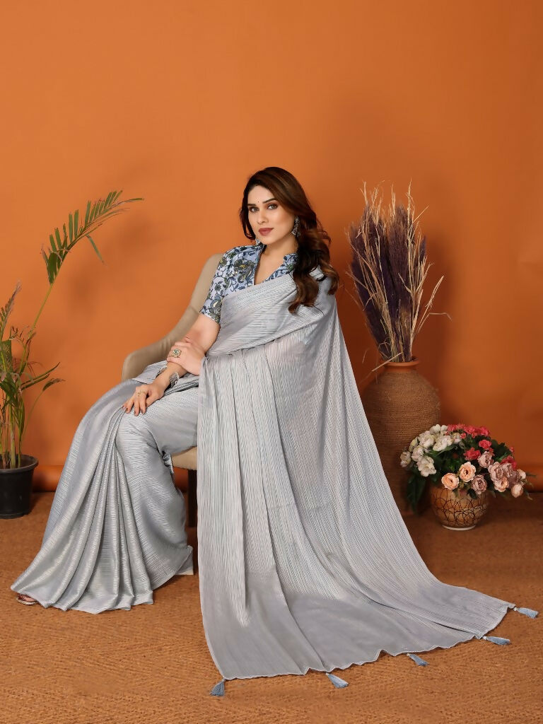 Partywear Designer Grey Polyester Zari Fancy Saree - Starwalk | Grocsy