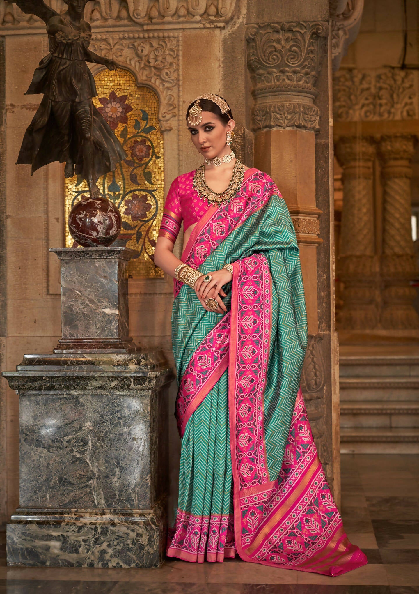 Persian Green Banarasi Weaving, Ultra Aqua Finish, Zari Work Banarasi Silk Saree - Rath Kunti | Grocsy