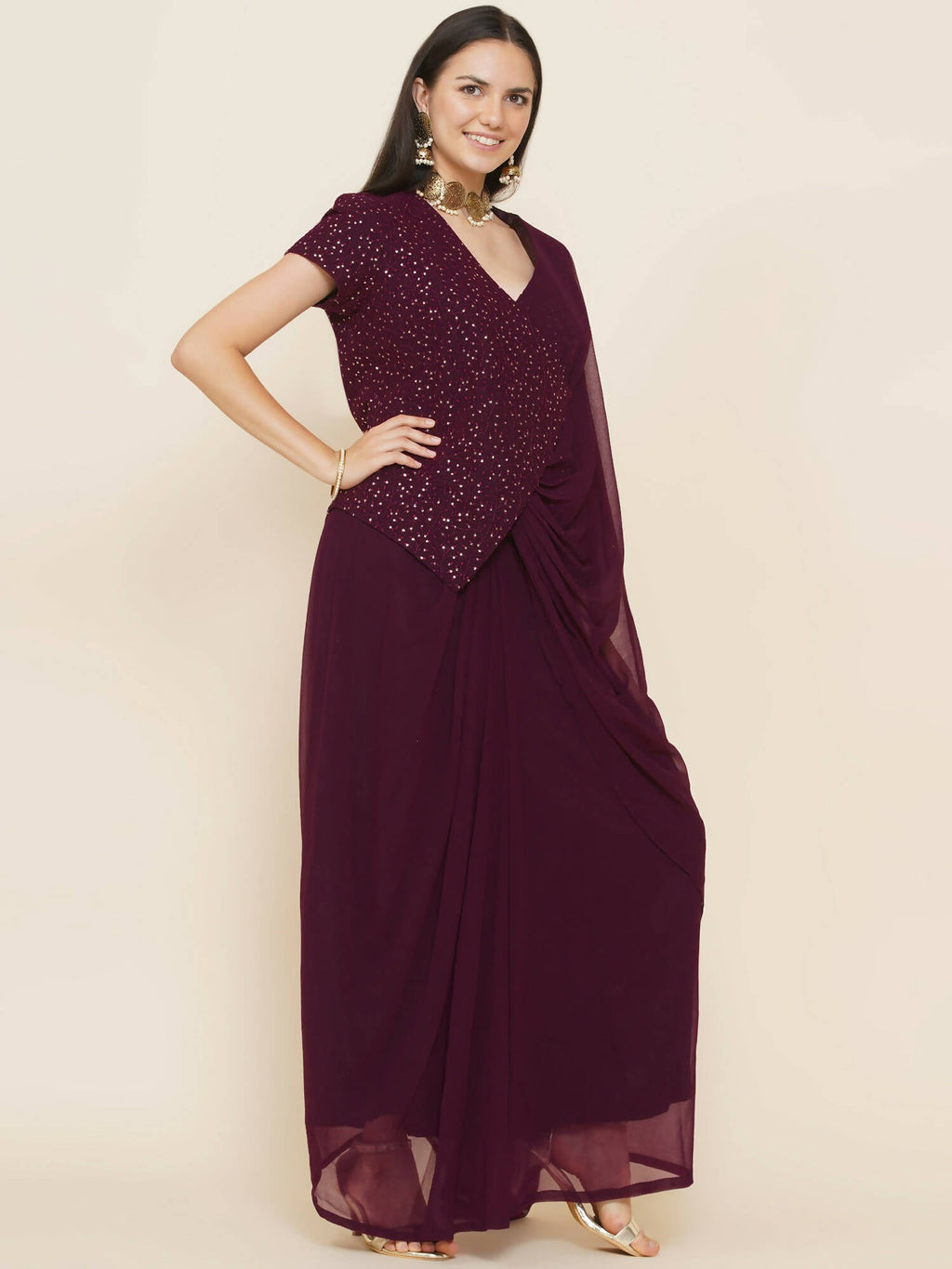 Women Republic Bronze Georgette Jacket With Skirt | Grocsy