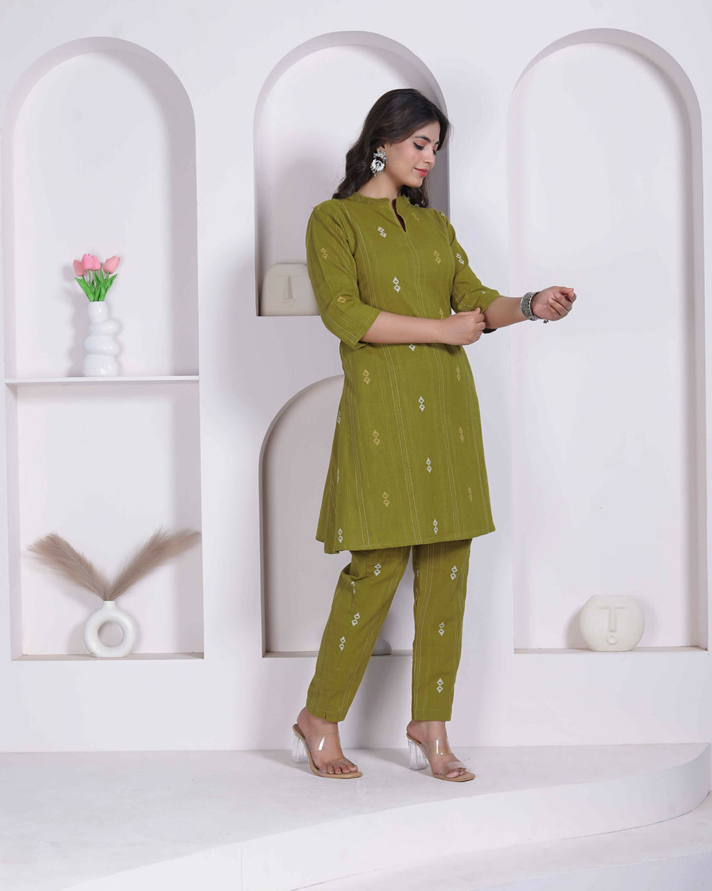 Miravan Womens Green Printed Cotton Straight Kurta With Palazzo | Grocsy