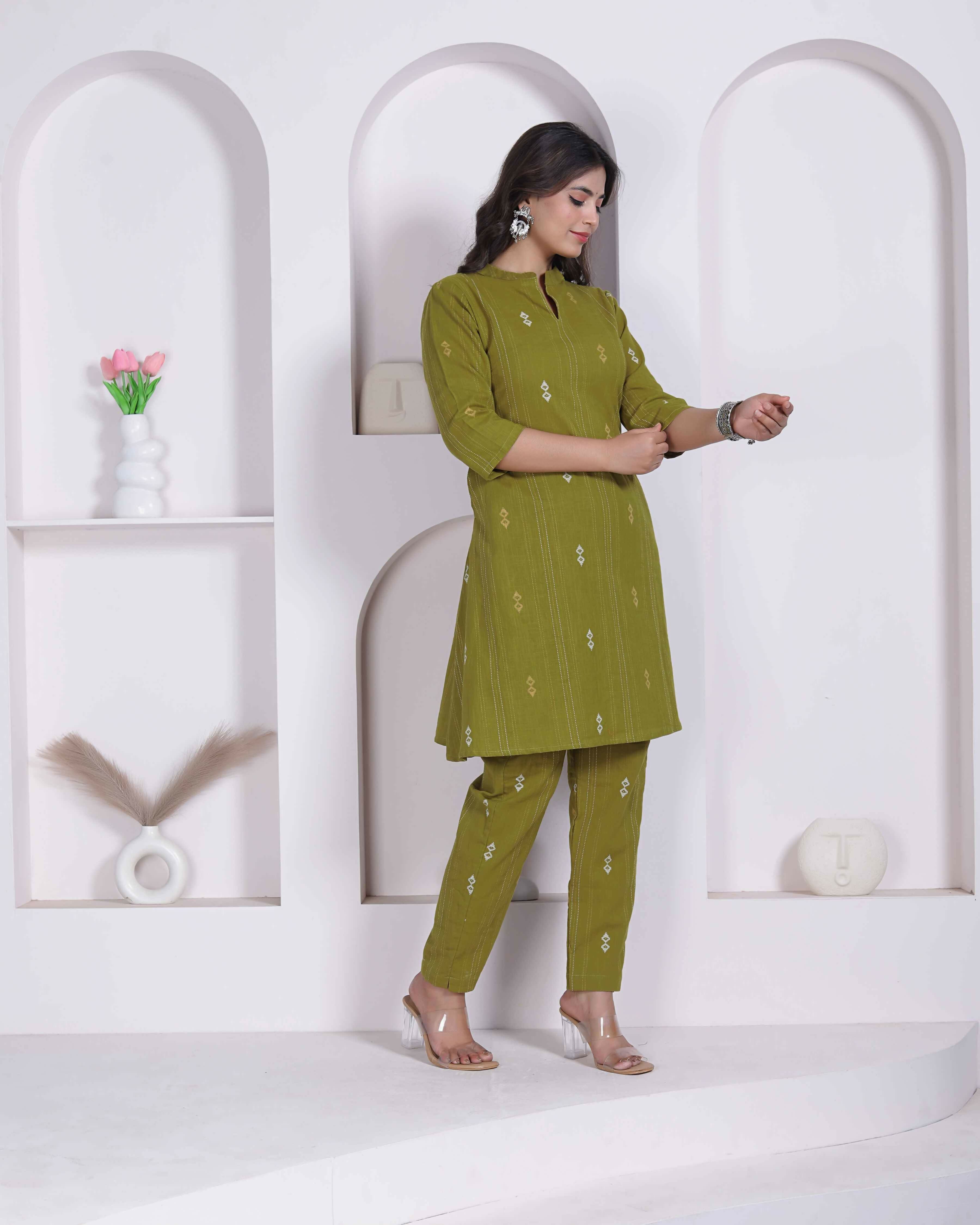 Miravan Womens Green Printed Cotton Straight Kurta With Palazzo | Grocsy