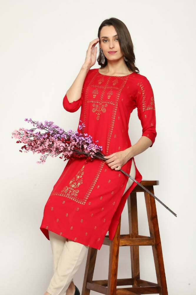 Maai Rayon Hand Printed Kurta Red | Grocsy