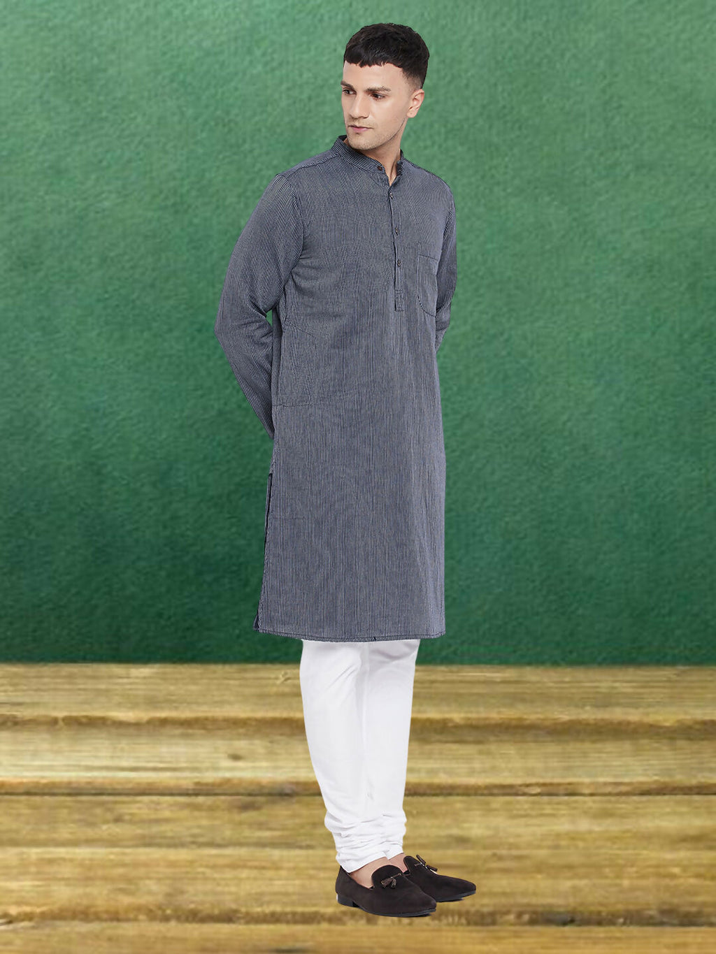 Even Apparels Men's Pure Cotton Grey Striped Kurta | Grocsy