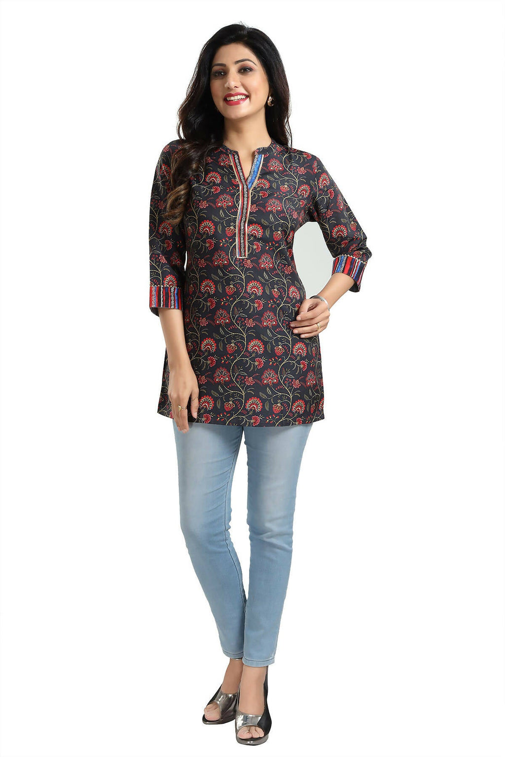 Snehal Creations Blissful Black Rayon Short Kurti Tunic Top | Grocsy