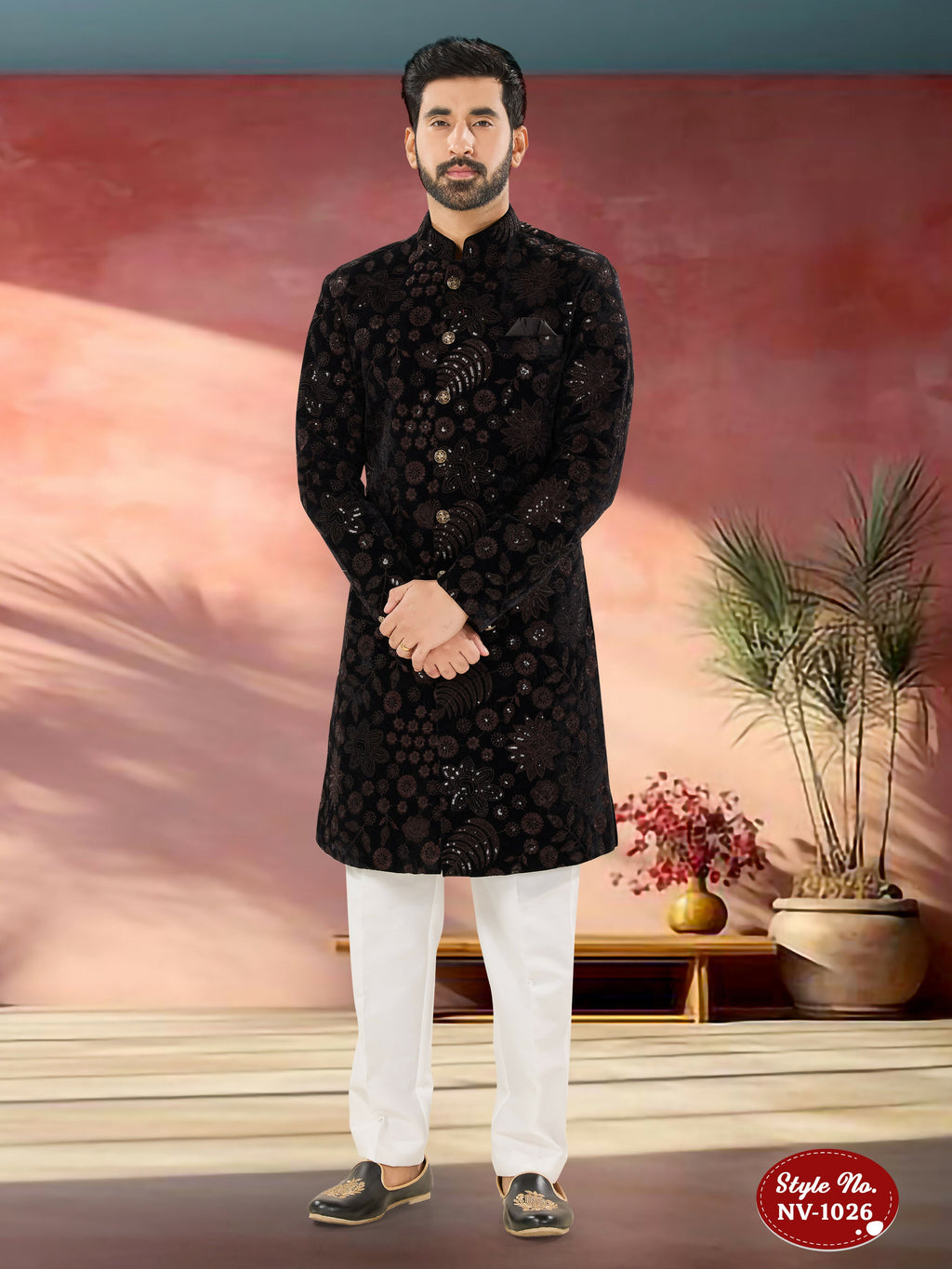 Joban Fashion Men's Black Base ( Brown ) Straight Velvet Thread And Sequence Embroidary All Over Indo-Western Kurta Set | Grocsy
