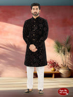 Joban Fashion Men's Black Base ( Brown ) Straight Velvet Thread And Sequence Embroidary All Over Indo-Western Kurta Set | Grocsy