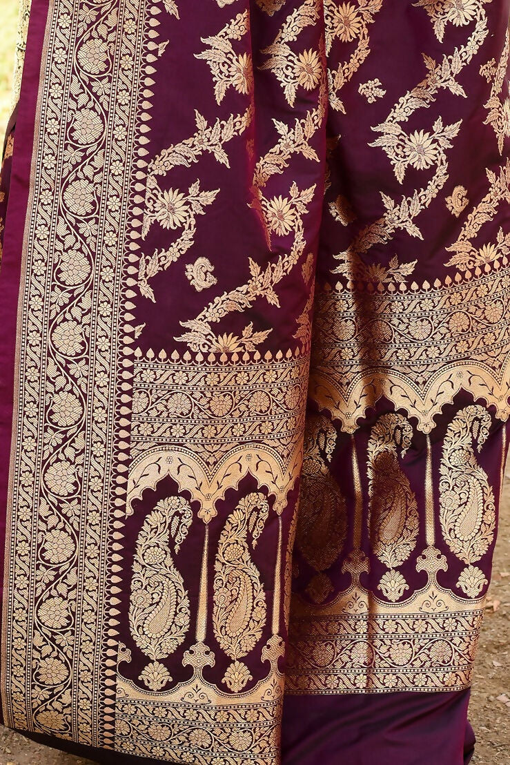 Joban Fashion Wine Banarasi Soft Pure Handloom Banarasi Silk Saree | Grocsy