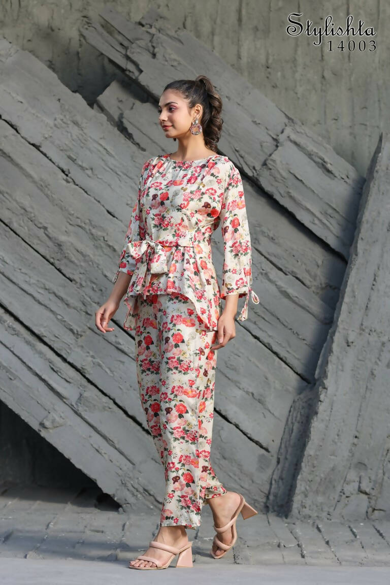 Women's Partywear Designer White & Multi Muslin co-ord set - Stylishta | Grocsy