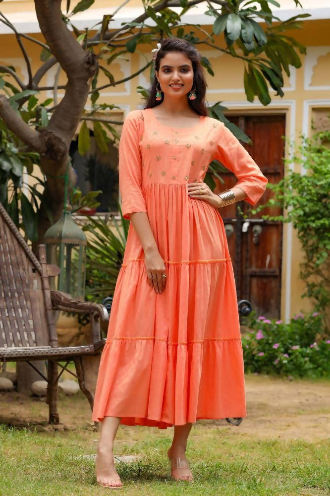 Yufta Peach Cotton Dobby Dress | Grocsy