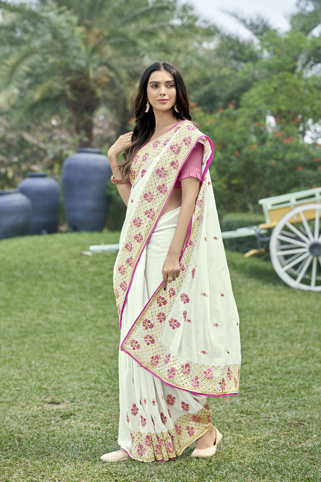 Vamsee Rashmika 2.0 White Georgette Silk Saree | Grocsy