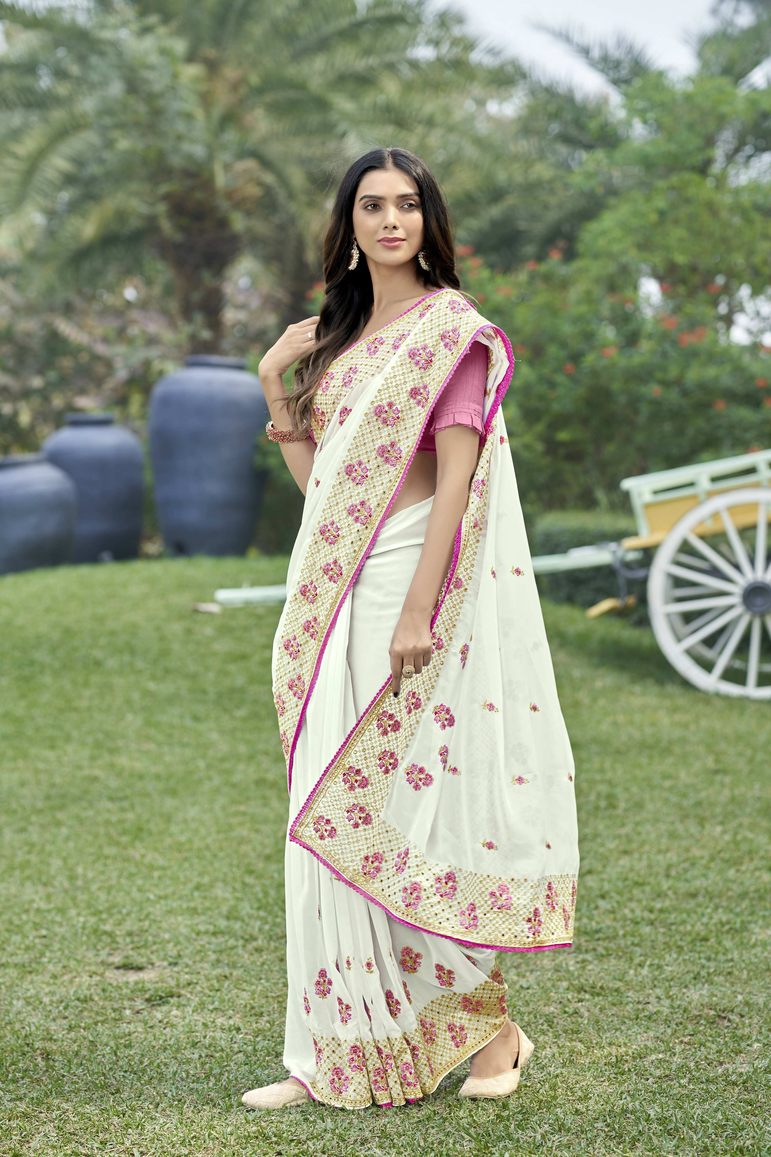 Vamsee Rashmika 2.0 White Georgette Silk Saree | Grocsy