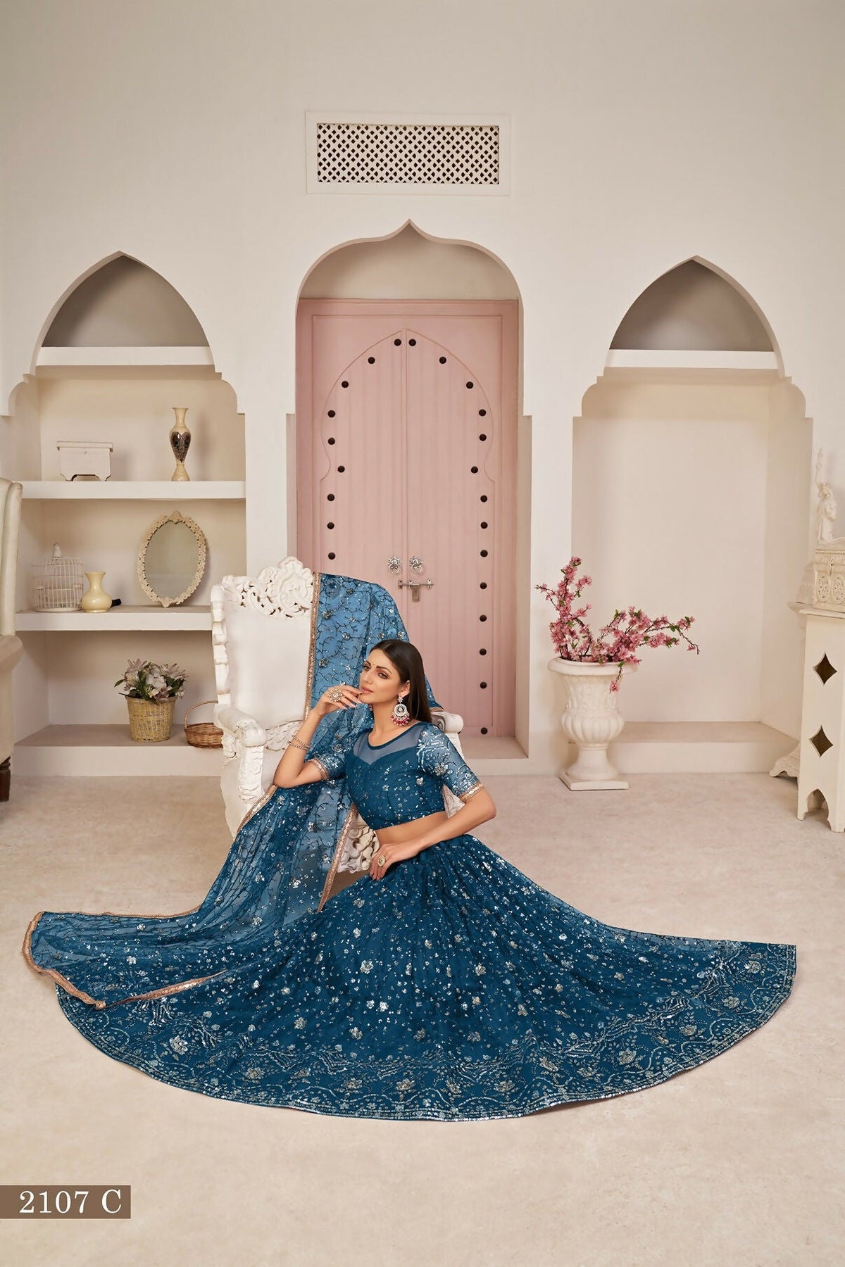 Eilara Blue Net Thread With Zari Sandwich Sequins Embroidered Work Lehenga Choli | Grocsy