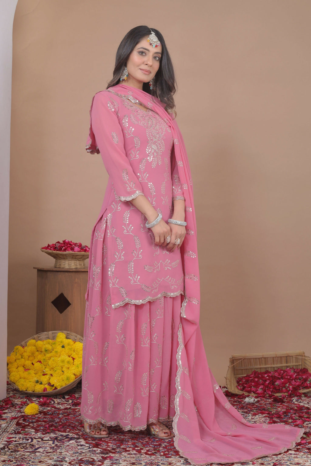 The52 Women's Gorgeous Embroidery Work Fox Georgette Fabric Straight Kurta Sharara and Dupatta Set-Pink | Grocsy
