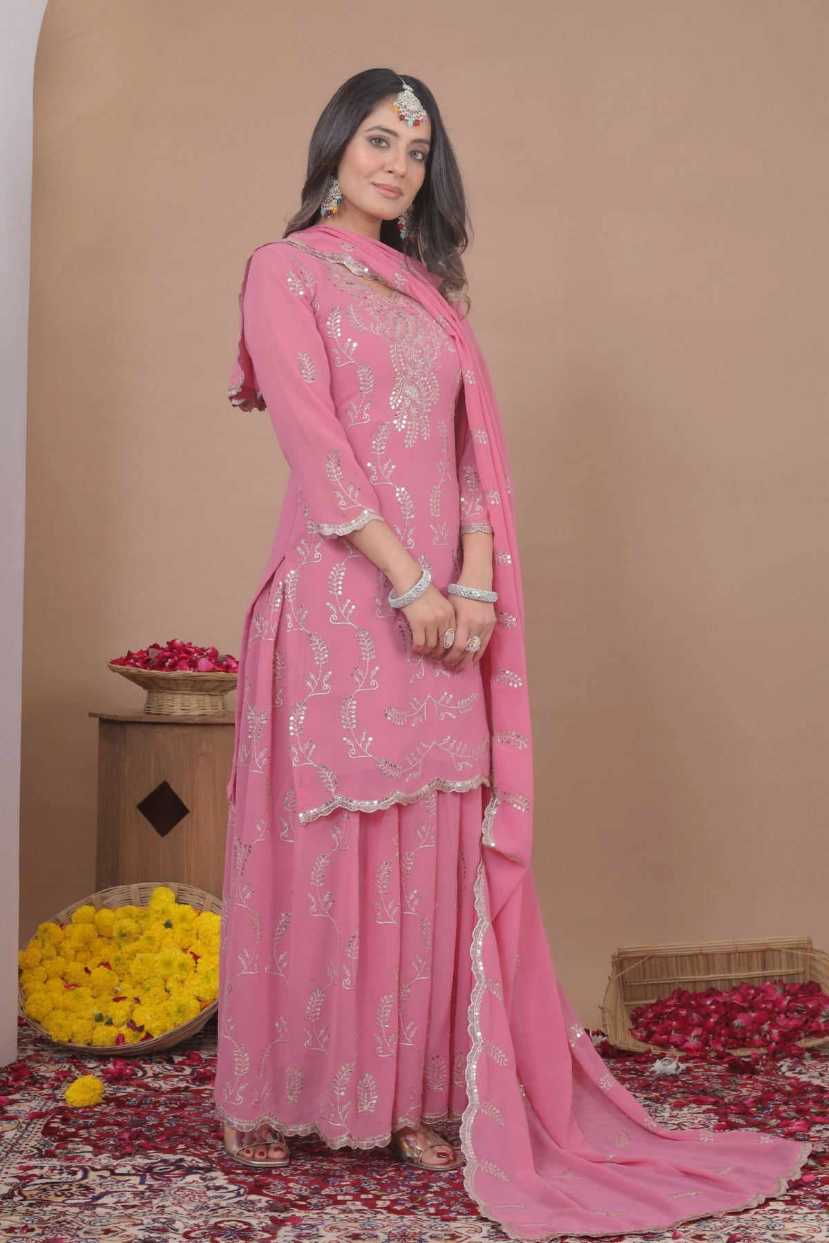 The52 Women's Gorgeous Embroidery Work Fox Georgette Fabric Straight Kurta Sharara and Dupatta Set-Pink | Grocsy