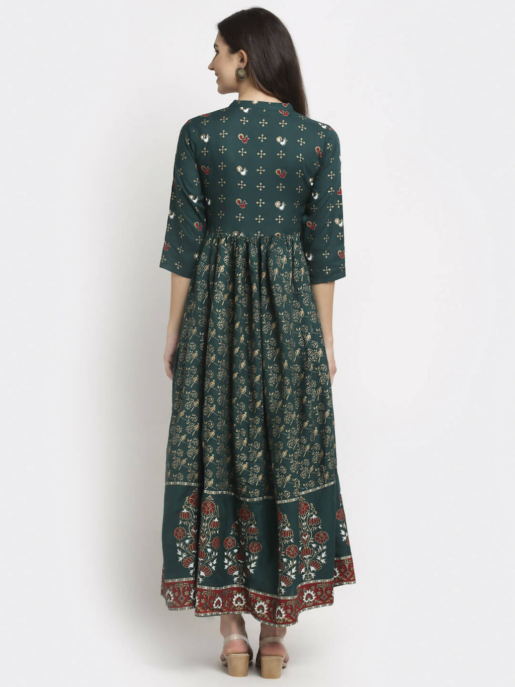 Rudra Bazaar Floral Printed A-Line Flared Green Kurti | Grocsy