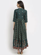 Rudra Bazaar Floral Printed A-Line Flared Green Kurti | Grocsy