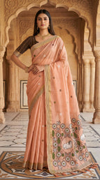 Vastranavya Peach Muga Cotton Meenakari & Azarakh Pallu Saree with Contrast Blouse | Grocsy