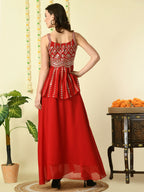 Myshka Women's Red Georgette Top With Skirt Party Sets | Grocsy