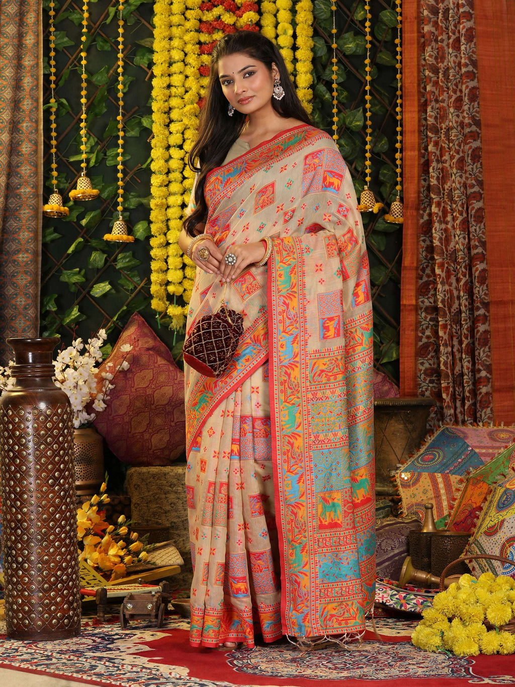 Shree Shyam Fashion Linen Cotton Off White Saree | Grocsy