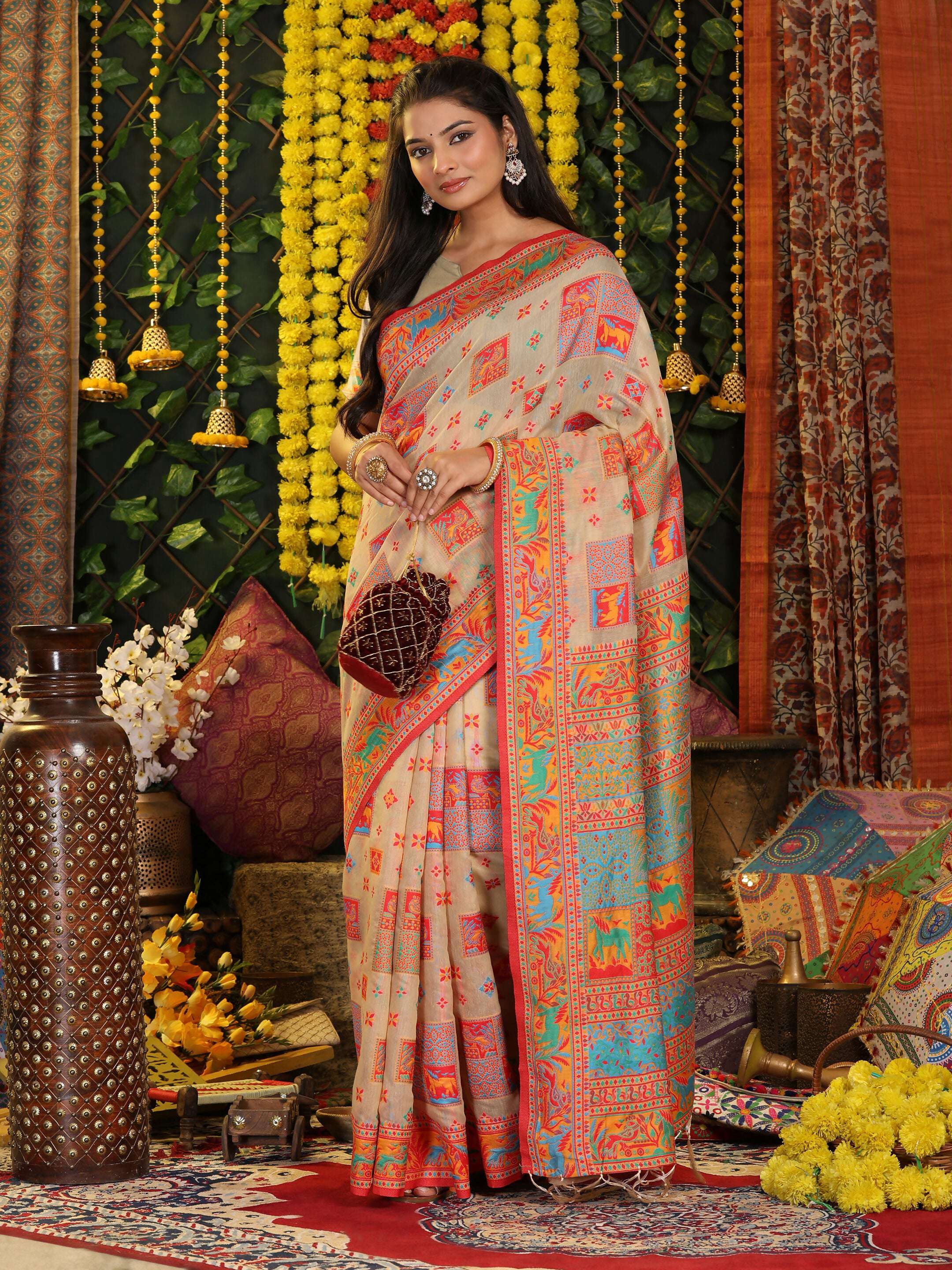 Shree Shyam Fashion Linen Cotton Off White Saree | Grocsy