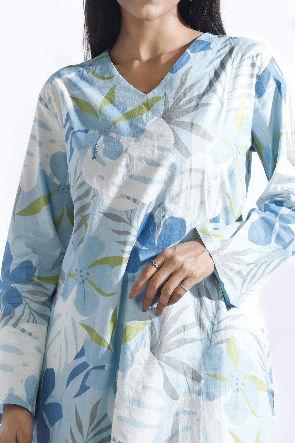 Breathables Blue Floral Print Cotton Long Kurta Co-Ord Set Cotton | Grocsy