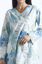 Breathables Blue Floral Print Cotton Long Kurta Co-Ord Set Cotton | Grocsy