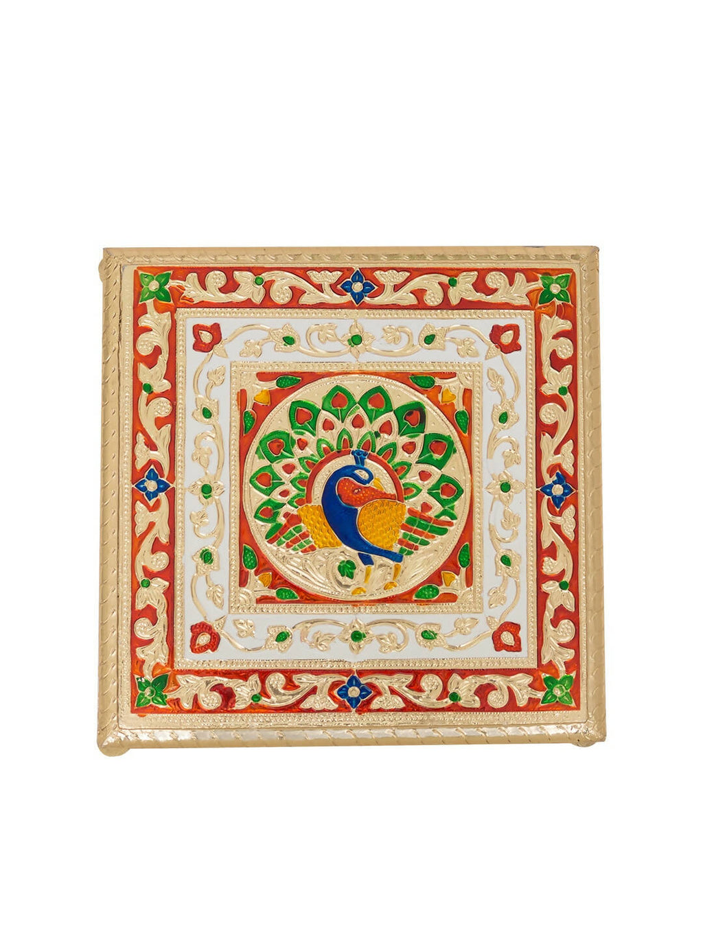 Golden Peacock Gold-Toned & Red Handcrafted Minakari Peacock Design Wooden Chowki | Grocsy