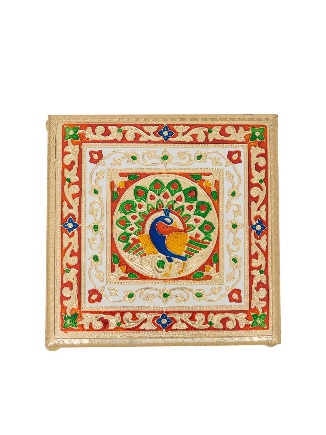 Golden Peacock Gold-Toned & Red Handcrafted Minakari Peacock Design Wooden Chowki | Grocsy