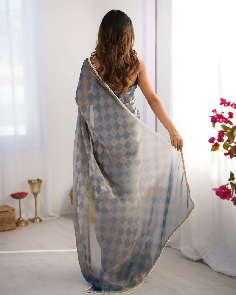NC Chiffon Chex Wevon Chex Designer, Lace Party Wear Saree - Blue | Grocsy