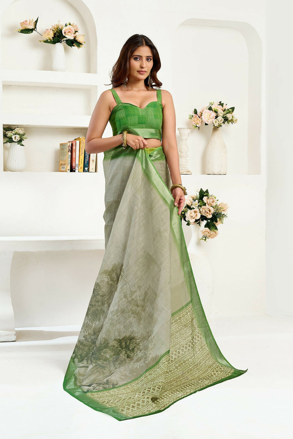 Joban Fashion Green Floral & Ethnic Motifs Linen Ready To Wear Saree With Unstitched Blouse | Grocsy