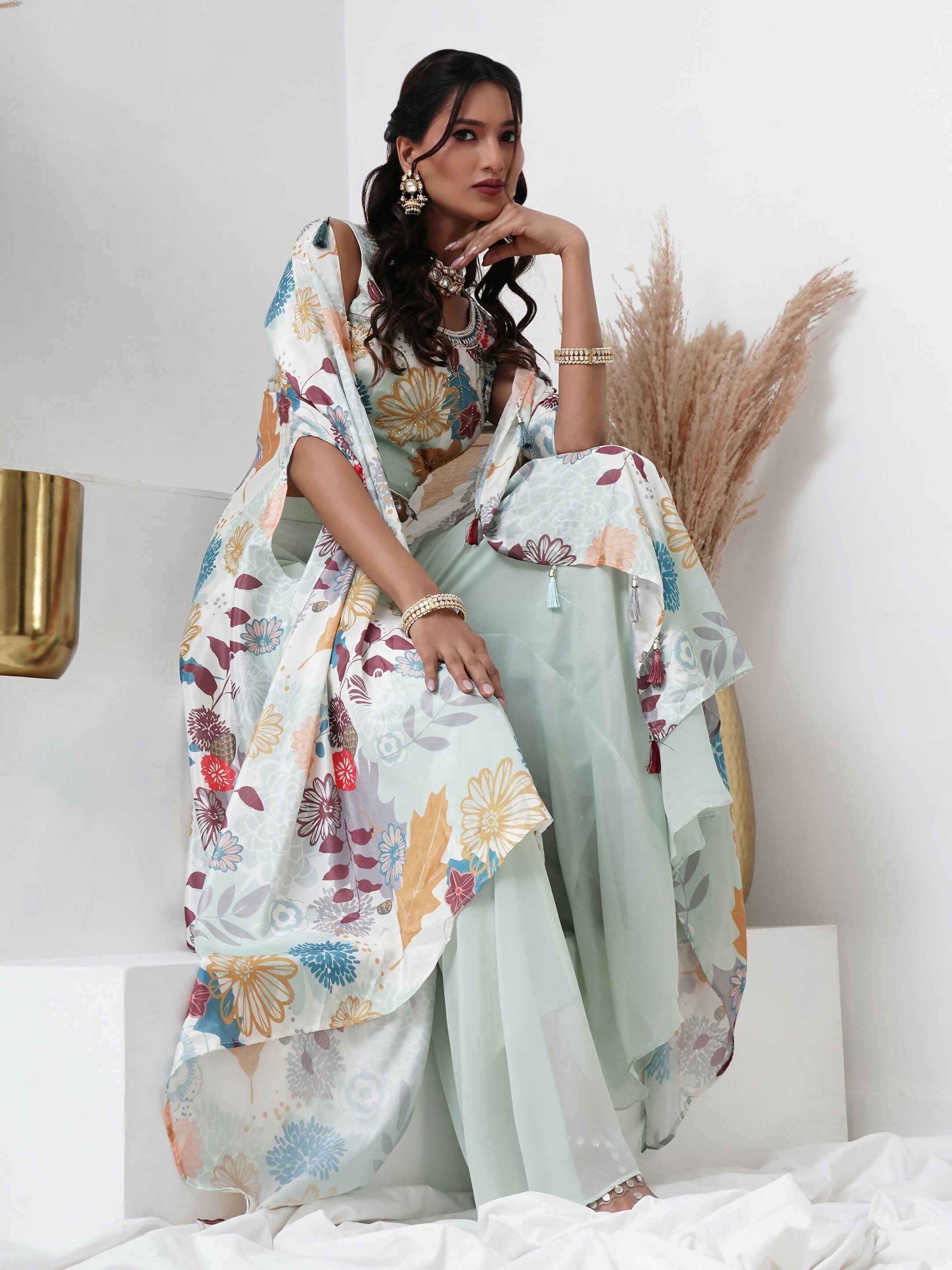 Sea Green Digital Chinon Handwork Top with Palazzo & Shrug - Naomika | Grocsy