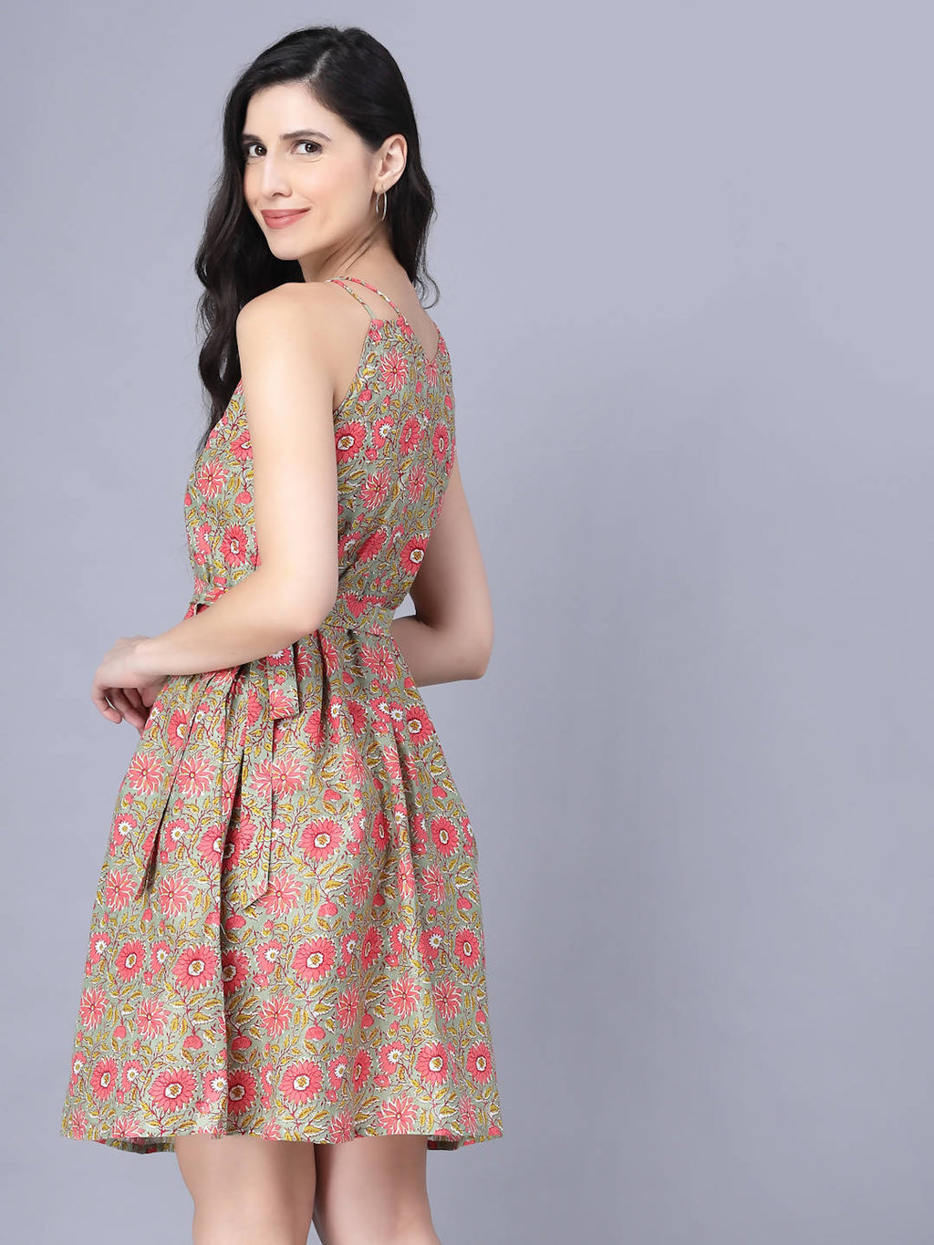 Myshka Cotton Printed Sleeveless Shoulder Straps Multicolor Women Dress | Grocsy