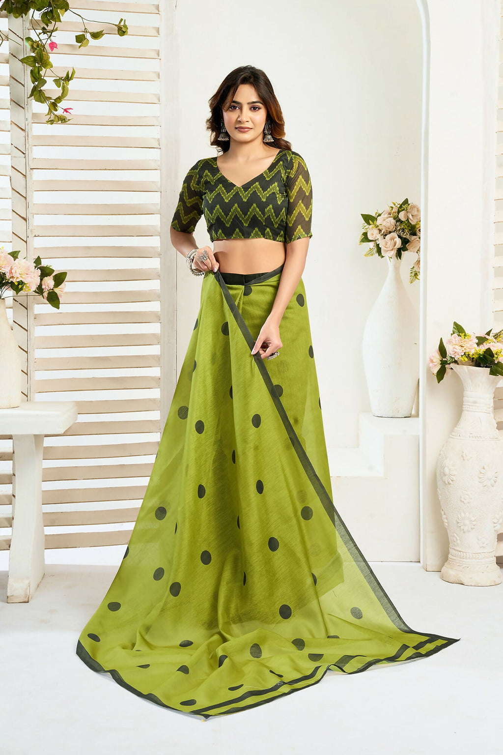 Vastranavya Olive Digital Printed Linen Ready To Wear Designer Saree with Unstitched Blouse | Grocsy