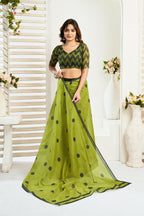 Vastranavya Olive Digital Printed Linen Ready To Wear Designer Saree with Unstitched Blouse | Grocsy